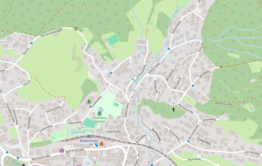 Lageplan von Bodenmais: Das Hotel Sonnleitn liegt im Rißlochweg, nordöstlich vom Bahnhof.